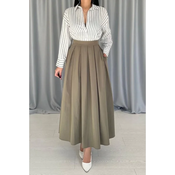 Haki Uzun Pileli Etek