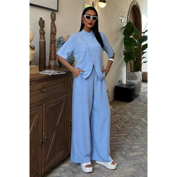 Hakim Yaka Çapraz Düğmeli Plazzo Pantolon Viscon Keten Takım 10091