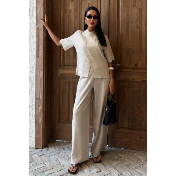 Hakim Yaka Çapraz Düğmeli Plazzo Pantolon Viscon Keten Takım 10091