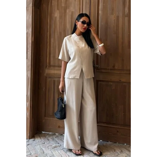 Hakim Yaka Çapraz Düğmeli Plazzo Pantolon Viscon Keten Takım 10091