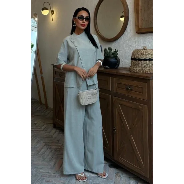 Hakim Yaka Çapraz Düğmeli Plazzo Pantolon Viscon Keten Takım 10091