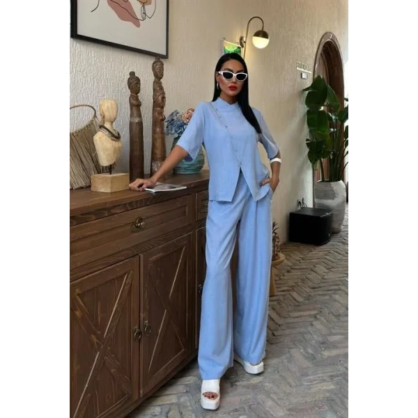 Hakim Yaka Çapraz Düğmeli Plazzo Pantolon Viscon Keten Takım 10091
