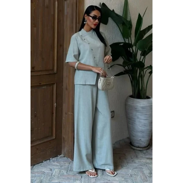 Hakim Yaka Çapraz Düğmeli Plazzo Pantolon Viscon Keten Takım 10091