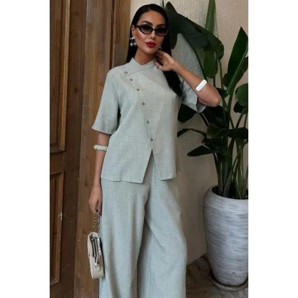 Hakim Yaka Çapraz Düğmeli Plazzo Pantolon Viscon Keten Takım 10091