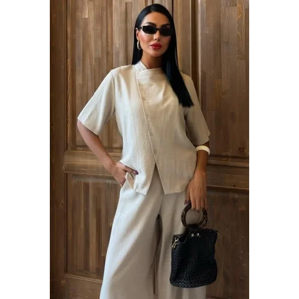 Hakim Yaka Çapraz Düğmeli Plazzo Pantolon Viscon Keten Takım 10091
