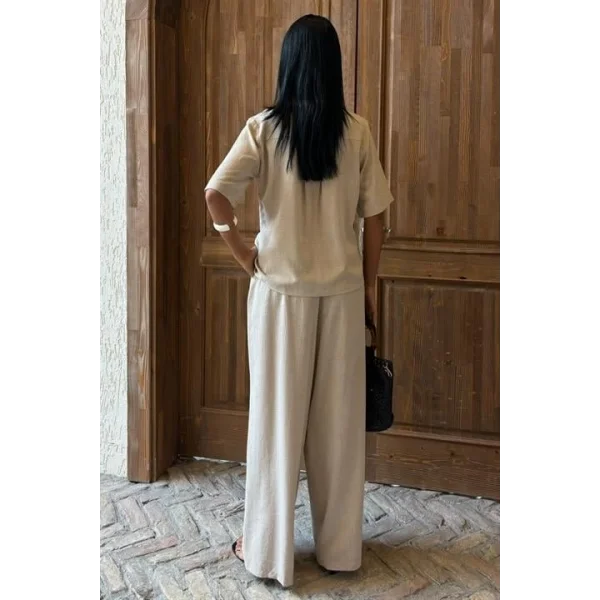 Hakim Yaka Çapraz Düğmeli Plazzo Pantolon Viscon Keten Takım 10091