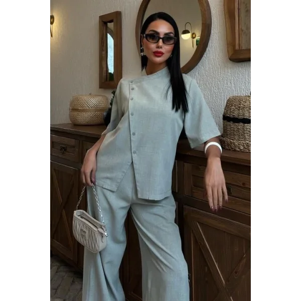 Hakim Yaka Çapraz Düğmeli Plazzo Pantolon Viscon Keten Takım 10091