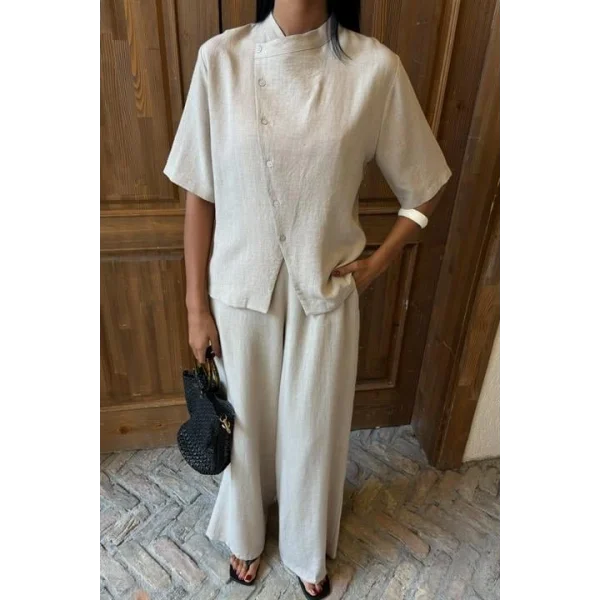 Hakim Yaka Çapraz Düğmeli Plazzo Pantolon Viscon Keten Takım 10091