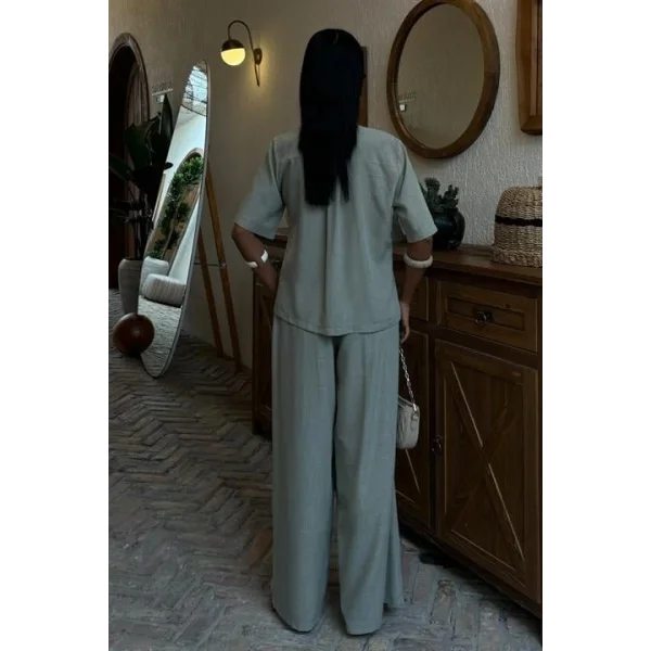 Hakim Yaka Çapraz Düğmeli Plazzo Pantolon Viscon Keten Takım 10091