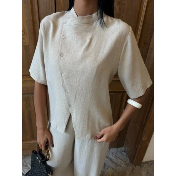 Hakim Yaka Çapraz Düğmeli Plazzo Pantolon Viscon Keten Takım 10091