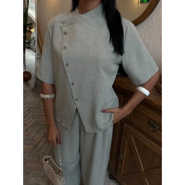 Hakim Yaka Çapraz Düğmeli Plazzo Pantolon Viscon Keten Takım 10091