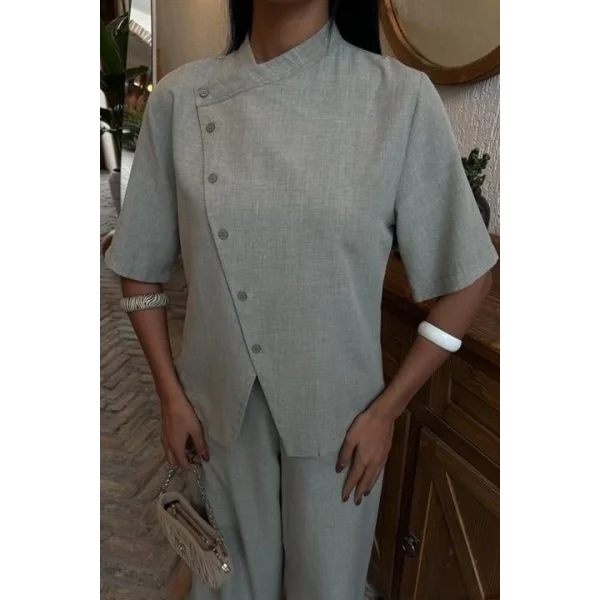 Hakim Yaka Çapraz Düğmeli Plazzo Pantolon Viscon Keten Takım 10091