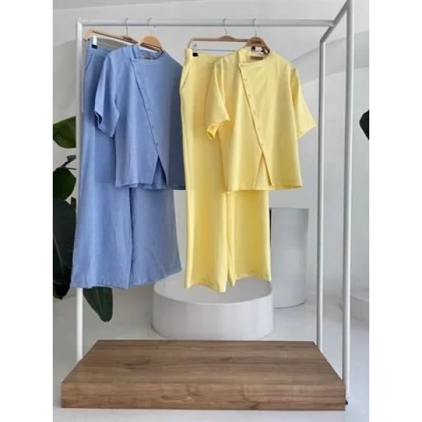 Hakim Yaka Çapraz Düğmeli Plazzo Pantolon Viscon Keten Takım 10209