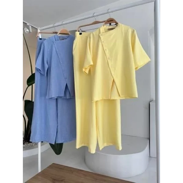 Hakim Yaka Çapraz Düğmeli Plazzo Pantolon Viscon Keten Takım 10209