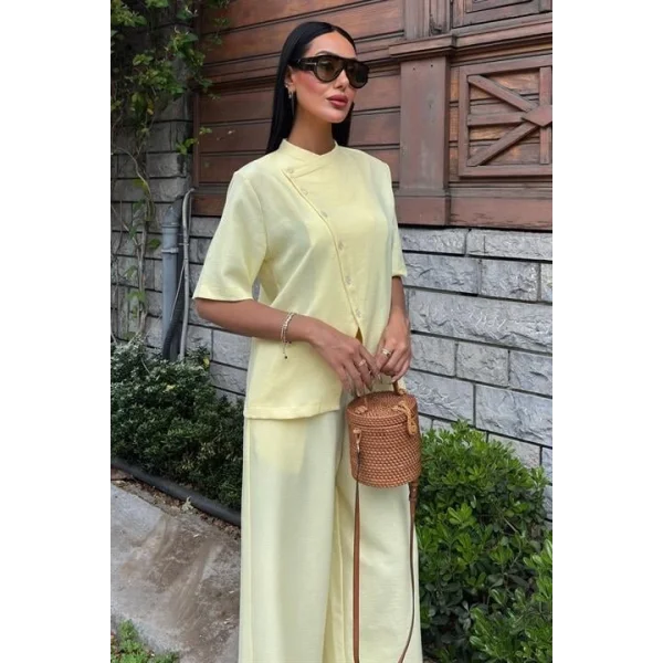 Hakim Yaka Çapraz Düğmeli Plazzo Pantolon Viscon Keten Takım 10209