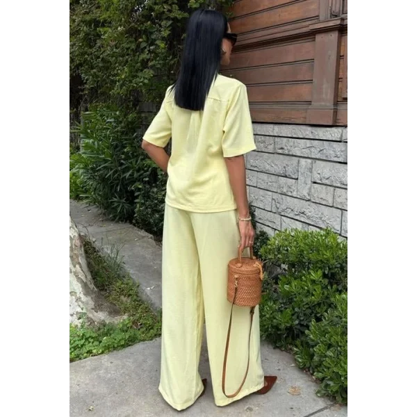 Hakim Yaka Çapraz Düğmeli Plazzo Pantolon Viscon Keten Takım 10209