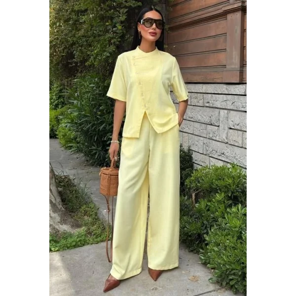 Hakim Yaka Çapraz Düğmeli Plazzo Pantolon Viscon Keten Takım 10209