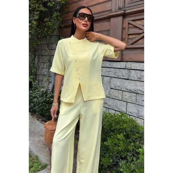 Hakim Yaka Çapraz Düğmeli Plazzo Pantolon Viscon Keten Takım 10209