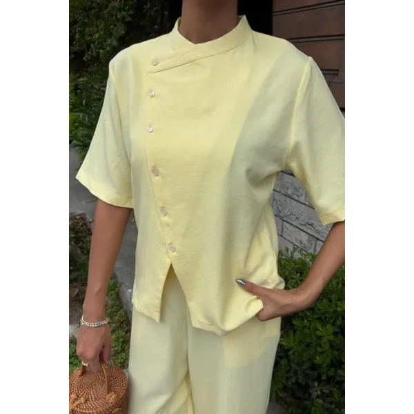 Hakim Yaka Çapraz Düğmeli Plazzo Pantolon Viscon Keten Takım 10209