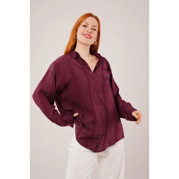 Hakim Yaka Çizgili Cep Detaylı Bordo Gömlek