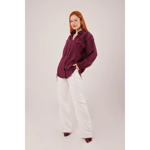 Hakim Yaka Çizgili Cep Detaylı Bordo Gömlek