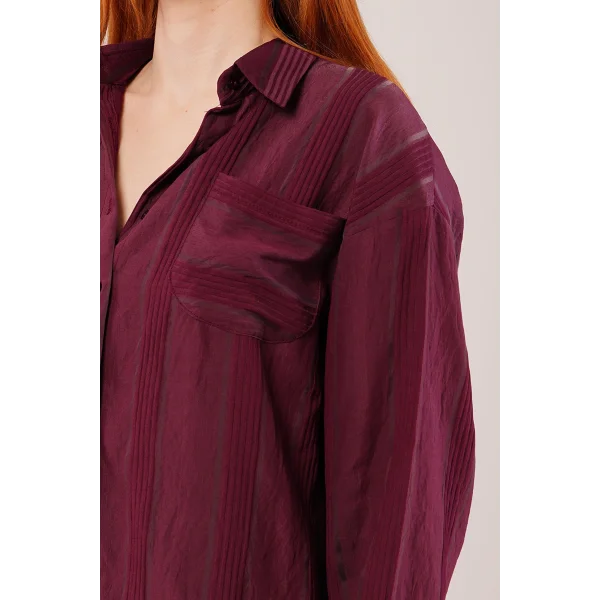 Hakim Yaka Çizgili Cep Detaylı Bordo Gömlek