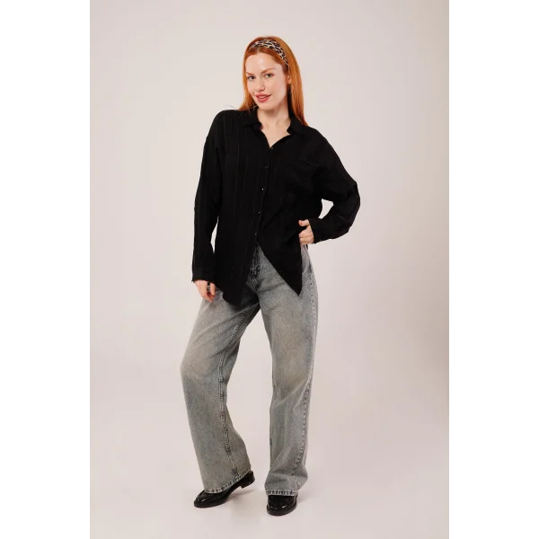 Hakim Yaka Çizgili Cep Detaylı iyah Gömlek