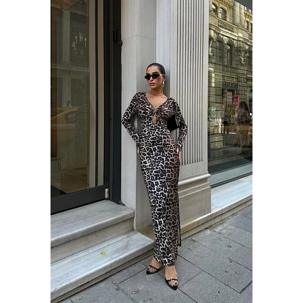 Halka Detaylı Leopar Desen Elbise 2823