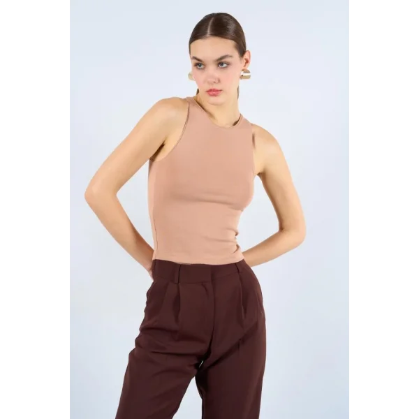Halter Yaka Ribana Atlet - Süt Kahve