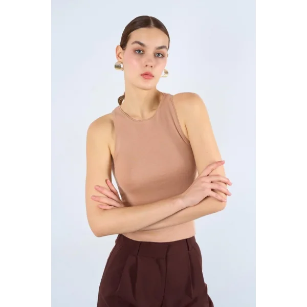 Halter Yaka Ribana Atlet - Süt Kahve
