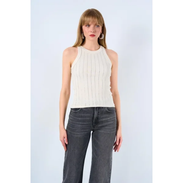 Halter Yaka Taş Baskılı Atlet - Ekru