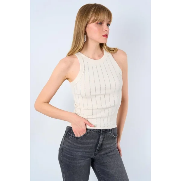 Halter Yaka Taş Baskılı Atlet - Ekru