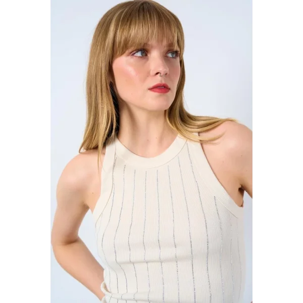 Halter Yaka Taş Baskılı Atlet - Ekru