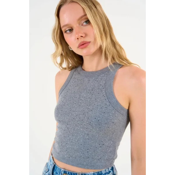 Halter Yaka Taşlı Atlet - Antrasit