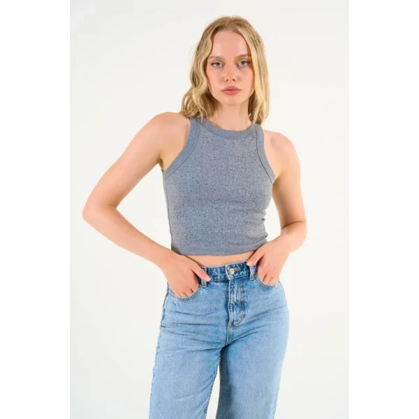 Halter Yaka Taşlı Atlet - Antrasit