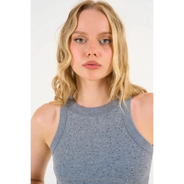 Halter Yaka Taşlı Atlet - Antrasit