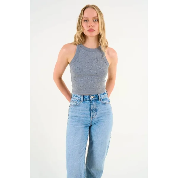 Halter Yaka Taşlı Atlet - Antrasit