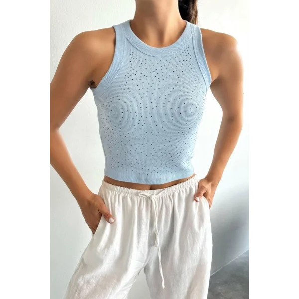 Halter Yaka Taşlı Atlet - Bebe Mavisi
