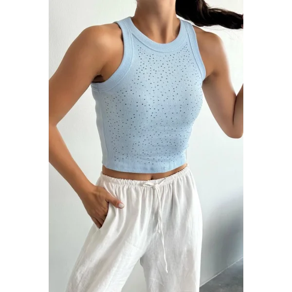 Halter Yaka Taşlı Atlet - Bebe Mavisi