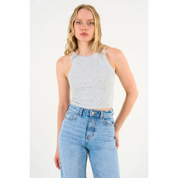 Halter Yaka Taşlı Atlet - Gri