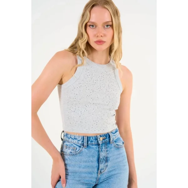 Halter Yaka Taşlı Atlet - Gri