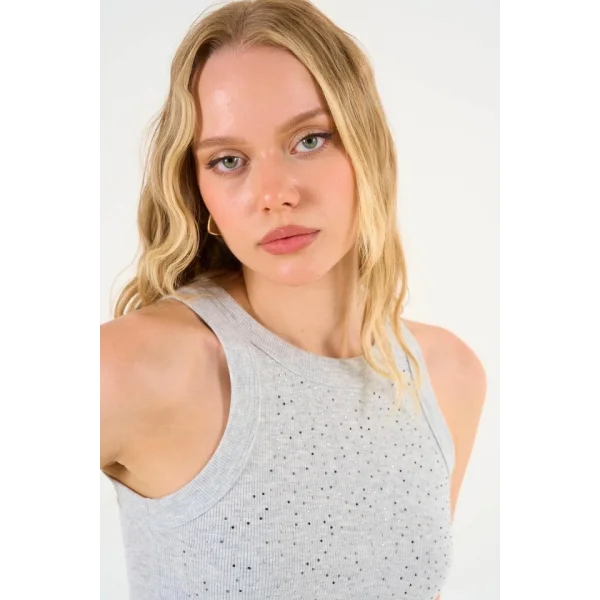 Halter Yaka Taşlı Atlet - Gri