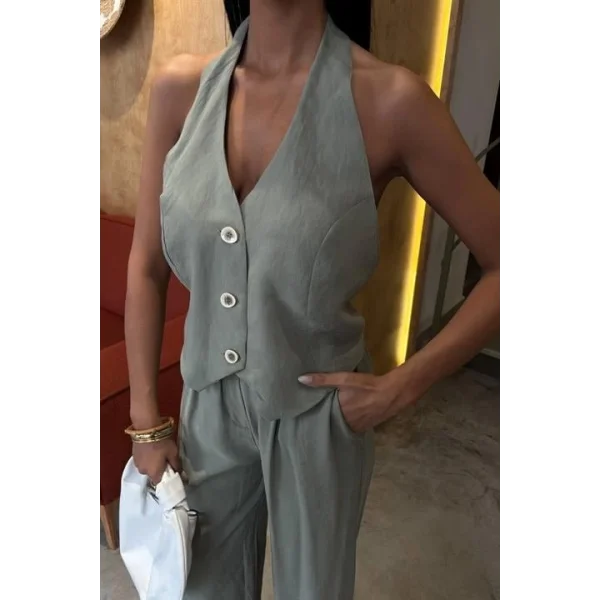 Halter Yaka Yelekli Modal Takım 10144