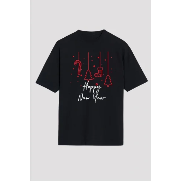 Happy New Year Baskılı T-shirt - Siyah