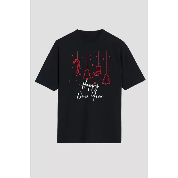 Happy New Year Baskılı T-shirt - Siyah