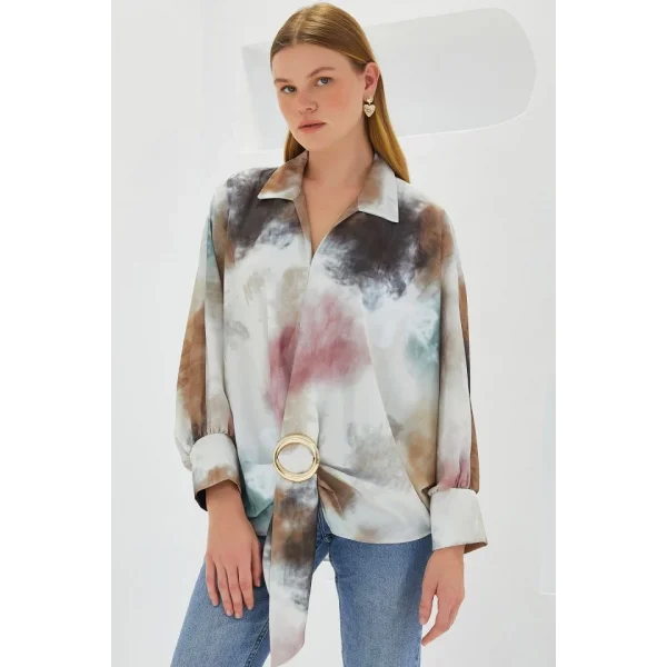 Hardal Ekru Oversize Dökümlü Saten Gömlek 907