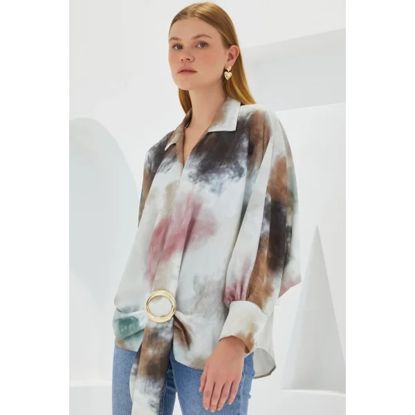 Hardal Ekru Oversize Dökümlü Saten Gömlek 907