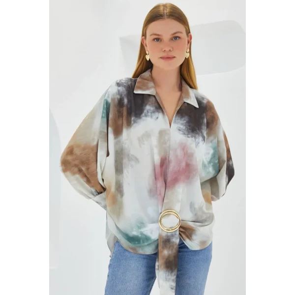 Hardal Ekru Oversize Dökümlü Saten Gömlek 907