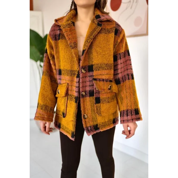 Hardal Fuşya Düğmeli Ekoseli Kaban