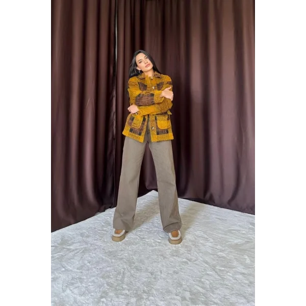 Hardal iyah Düğmeli Ekoseli Kaban